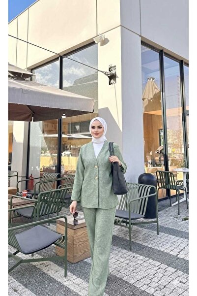Bluezade Kadın V Yaka Rahat Kesim Düğmeli Alt-Üst Takım