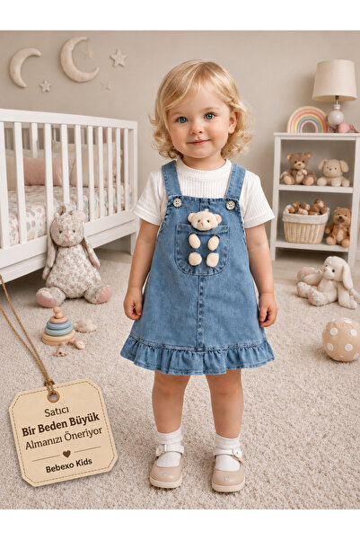 BEBEXO KIDS Kız Bebek Ayıcıklı Fırfırlı Kot Elbise Çizgili Kısa Kollu Body 2'...