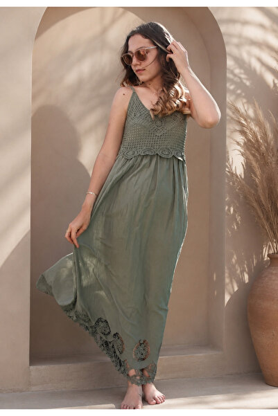 Bohemian Women's Khaki Rope Strap Long Natural Dress
