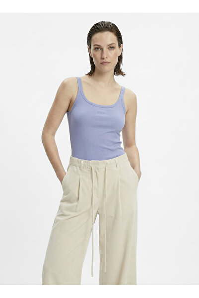 BOSS Mavi Kadın Oversize Fitilli Desenli T-Shirt 50554664
