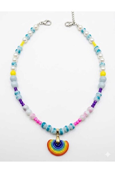 Butik Glass Rainbow Women's Necklace at the End of Blue Colored Glass Beads