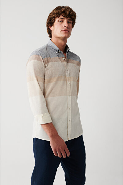 Avva Men's Gray Cotton Linen Blended Striped Shirt A31Y2271