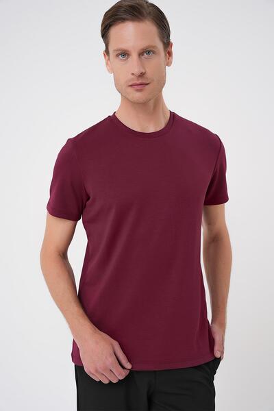 Efor Comfort Fit Bisiklet Yaka %97 Esnek Pamuklu Bordo Tişört TS 885