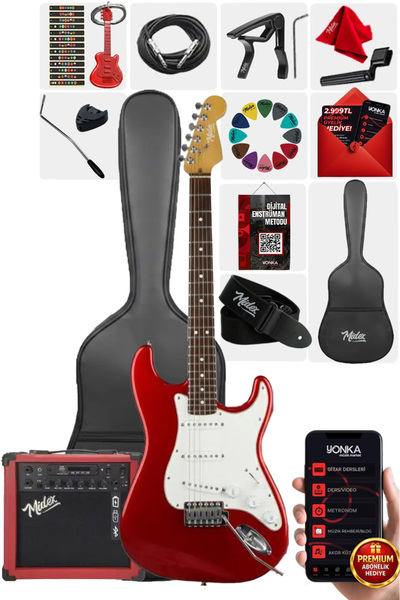 Midex RPH-30WRD-25AMP Kırmızı Renk Strat Kasa SSS 25W Amfili Elektro Gitar Seti