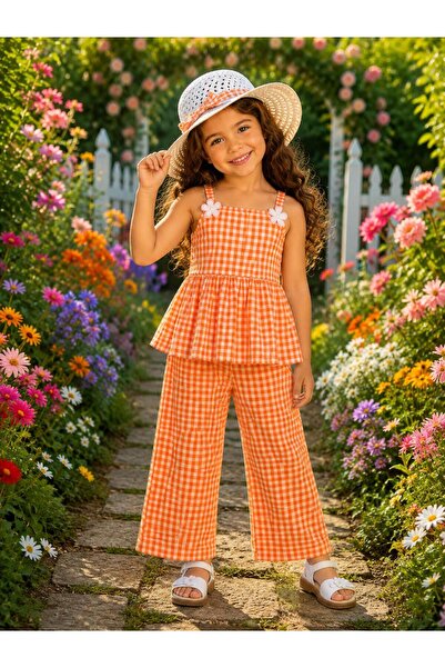 KOZADANKIDS Kız çocuk pötikareli takım-şapkalı yazlık askılı 3 lü set