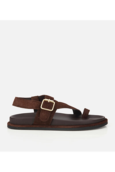 Hotiç Women's Suede Leather Brown Flat Sandals with Finger Detail and Gold Bu...