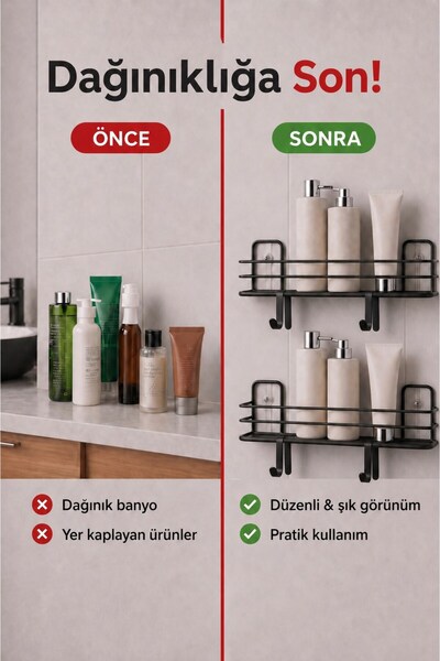 Sas Haus 2'li Siyah Yapışkanlı Banyo Rafı, Duş Şampuanlık, Metal Duvar Rafı (Vidala veya Yapıştır)