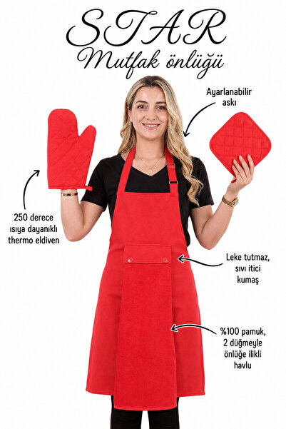 sevilya Star 4lü Set Ayarlanabilir Askılı Mutfak Önlüğü Seti (ELDİVEN TUTACAK)