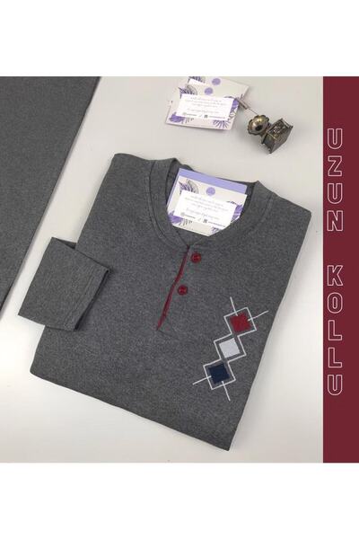 MEBA Erkek Interlok Kumaş Yaka Iki Düğmeli Kışlık Kalın Antrasit Pijama Takımı