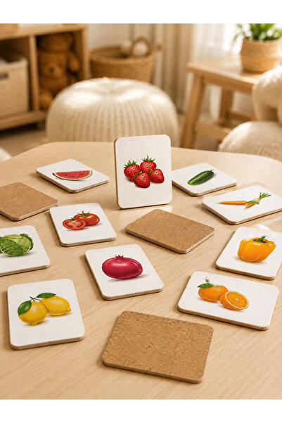 karbonsoft Zeka Kartları Ahşap Eğitici Hafıza Eşleştirme Oyunu Sevimli Meyveler Oyuncak ( 5,5 x 7,5 CM)