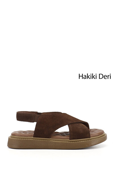 GÖNDERİ(R) Kadın Kahve Süet Çapraz Bantlı Dolgu Taban Hakiki Deri Comfort San...
