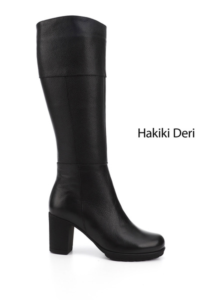 GÖNDERİ(R) Kadın Siyah Floter Fermuarlı Kalın Topuklu Hakiki Deri Çizme