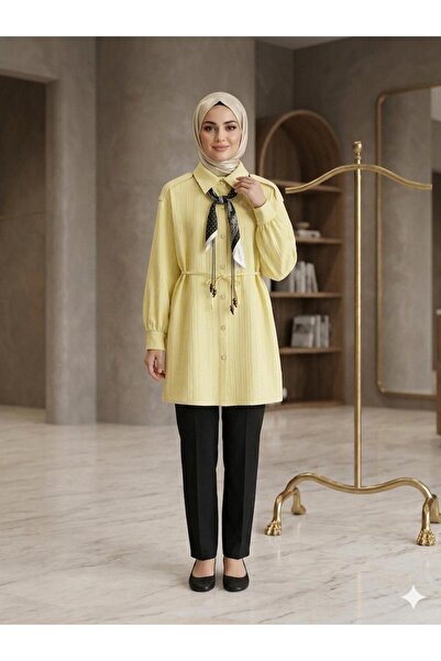 ÇALIŞKAN MODA APOLET DETAYLI FULARLI KUŞAKLI GENİŞ KOL SALAŞ TESETTUR TUNİK[ ...
