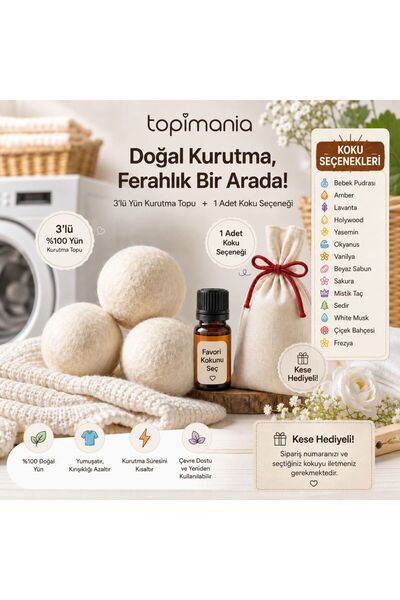 Topimania 3 Adet Xxxl Doğal Yerli Çamaşır Yün Kurutma Topu 1 Adet 10 ml Esans...