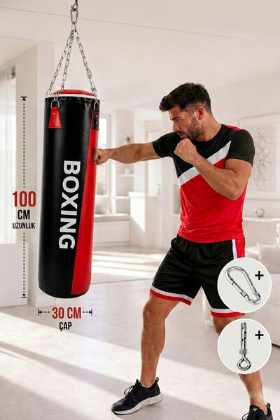 Spor Byfit 100 Cm X 30 Cm Kırmızı-siyah Dolu Boks Torbası + Tavan Askı Kancası