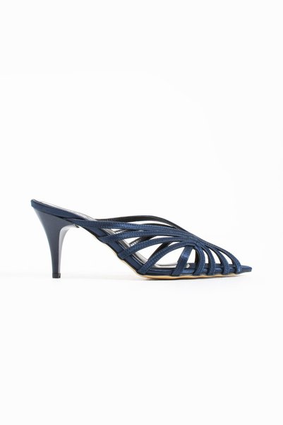 Mio Styllo Nadi̇na Dark Blue Satin Fabric Open-Toe Cage-Style Women's Heelled Slippers