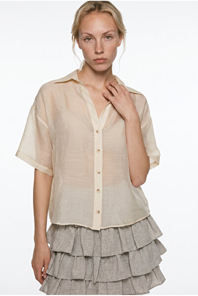 Quzu Short Sleeve Transparent Oversize Shirt Cream