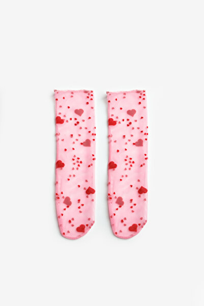 Le Mabelle Pink Flock Heart Printed Girl's Tulle Socks