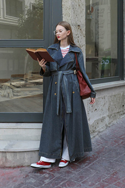 ZÜLAYS Oversize Denim Trençkot Koyu Mavi