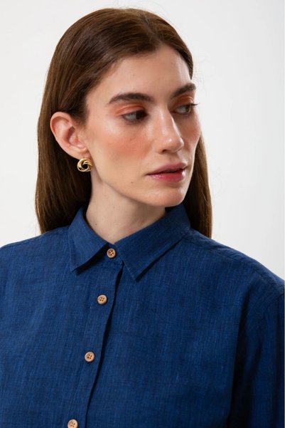 UNIQVIBE Navy Blue Long Sleeve Women's Linen Shirt