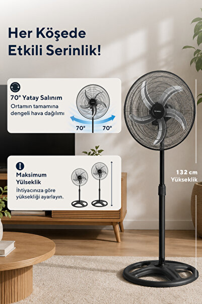 KUMTEL KTF-340 Siyah 18 İnç Sanayi Tipi Vantilatör 3in1 60 W,5 Kanatlı, 3 Kademeli, 132 cm