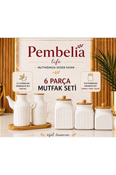 Kitchen Pembelia 2’li Set 6 Parça Bambu Standlı Çizgili Porselen 1000ml Yağda...