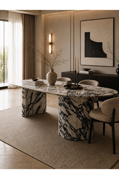 ESİLA MARBLE Menekşe Mermer Oval Yemek Masası – Modern Tasarım, Doğal Mermer ...