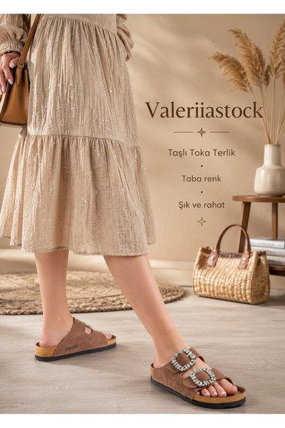 Valeriiastock Yeni Sezon Taşlı Toka Terlik Çift Tokalı Taba Renk