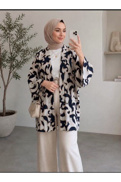 Madmy Gramajlı Viskon Desenli Kuşaklı Kimono Diz Üstü