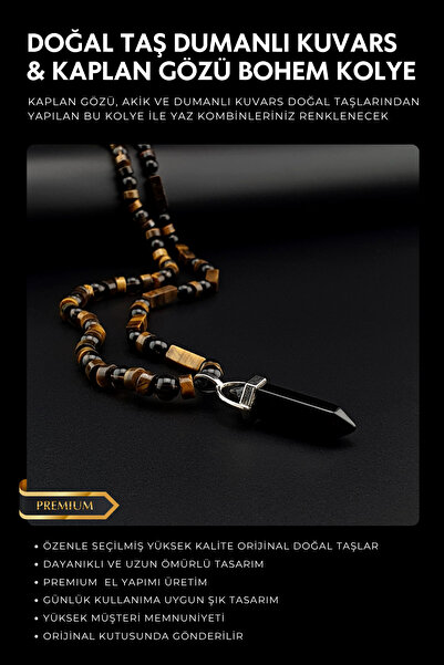 Seven Art Jewelry Doğal Taş Kolye, Kaplan Gözü, Akik, Dumanlı Kuvars Kolye, E...