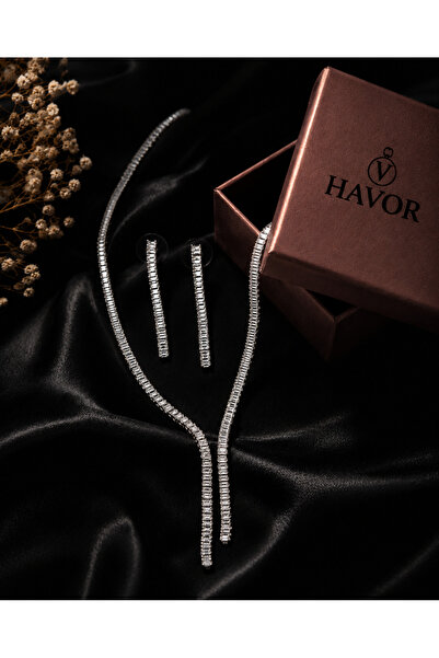 havor Pirinç Baget Zirkon Taşlı Kadın Takımı Kolye ve Küpe