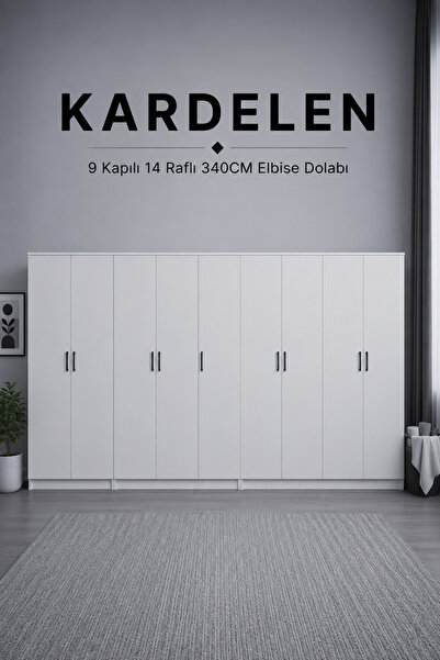 midoser Kardelen Serisi Beyaz 9 Kapaklı 14 Raflı 340 Cm Elbise Dolabı - Gardı...