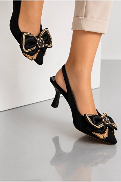 viderri Pantofi de damă cu toc slingback, cu detalii din piatră neagră și per...