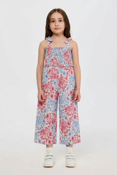 Panço Girl's Floral Patterned Pink Jumpsuit