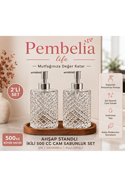 Pembelia Life Ahşap Standlı 2’li Cam 500 ml Gri Başlıklı Sıvı Sabun Bulaşık D...