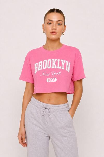 Lizbon Style Γυναικείο Crop T-shirt Brooklyn Printed Oversize Άνετη Γραμμή Βα...
