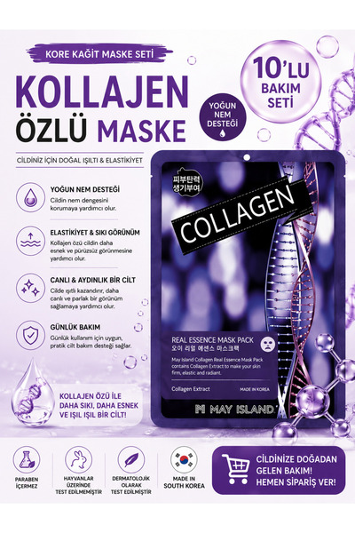 May Island Kollajen Yüz Maskesi 10’lu – Anında Nem Etkisi & Sıkılaştırıcı Kor...