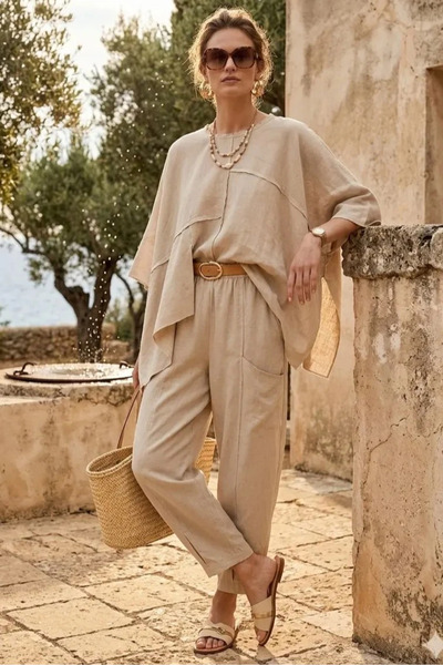 ABBRA Women's Dirty Stitching Elastic Waist Linen Suit