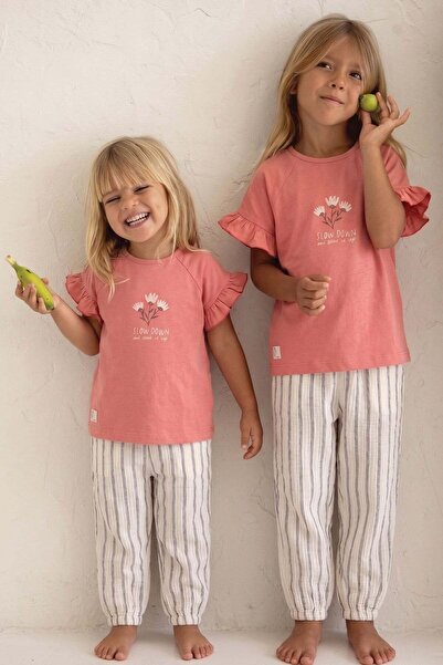 Cigit Slow down Floral Printed Muslin Striped Pants Set 2-10 Years Coral