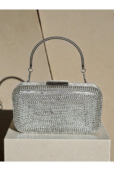 Biçanta Handmade Craftsmanship Complete Crystal Stone Silver Gray Lame Color Women's Evening Dress Bag
