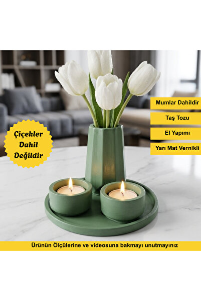 EL YAPIMI Dekoratif 4 Parça Yeşil Set - Tepsi, Vazo, Mum (ÇİÇEK DAHİL DEĞİLDİR)