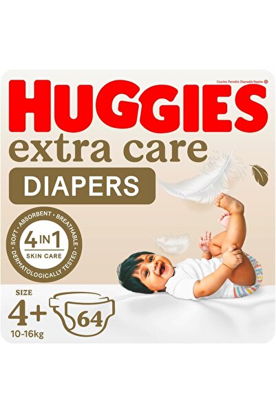 Huggies حفاضات هجيز إكسترا كير، مقاس 4+، 10-16 كجم، عبوة جامبو، 64 حفاضة