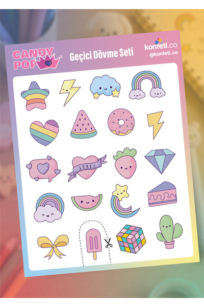 konfeti.co Candy Pop Pembe Çocuk Geçici Dövme Seti