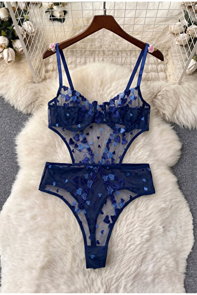 FNC design Kadın Lacivert Kalp Nakışlı Balenli Tül Brode Bodysuit