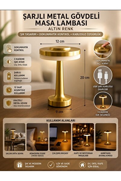 NEBİL HOME Dokunmatik Şarjlı LED Masa Lambası Gold – 3 Renk Modlu Kablosuz De...