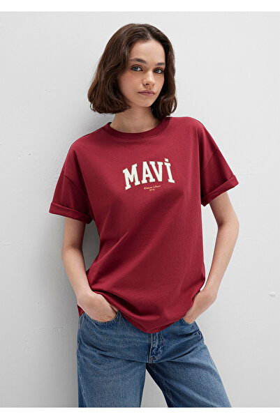 Mavi Logo-bedrucktes weinrotes T-Shirt mit lockerer Passform / lockerer, bequ...