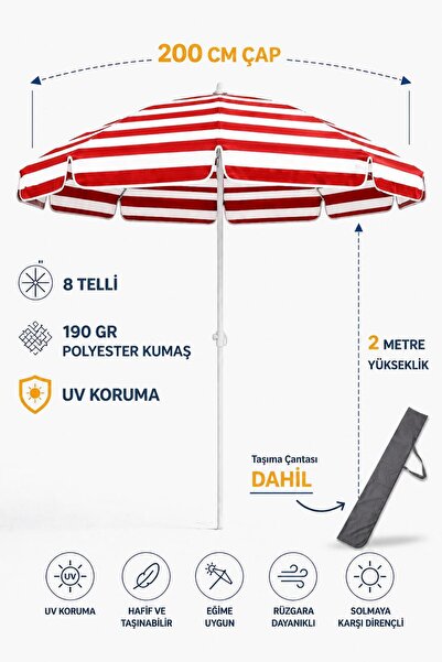 Düvenci Kırmızı Beyaz Çizgili 200/8 Plaj Ve Güneş Şemsiyesi Taşıma Çantası He...