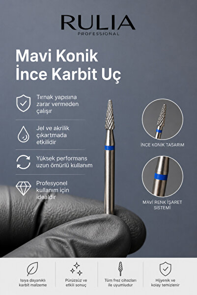 Rulia Professional RULIA Mavi Konik Karbit Freze Ucu - 1,6 mm - Jel ve Akrili...