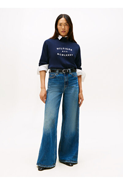 Tommy Hilfiger Mavi Kadın Dik Yaka Standart Baskılı Kazak WW0WW46779C1G