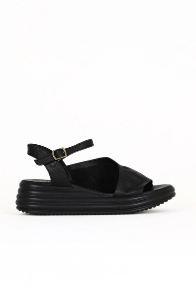 Bueno Shoes Sandale cu toc cu pană pentru femei din piele neagră 01wa2402